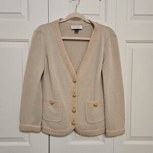 St. John Santana Knit Cardigan Blazer In Cream/Orange With Gold Buttons Size 4